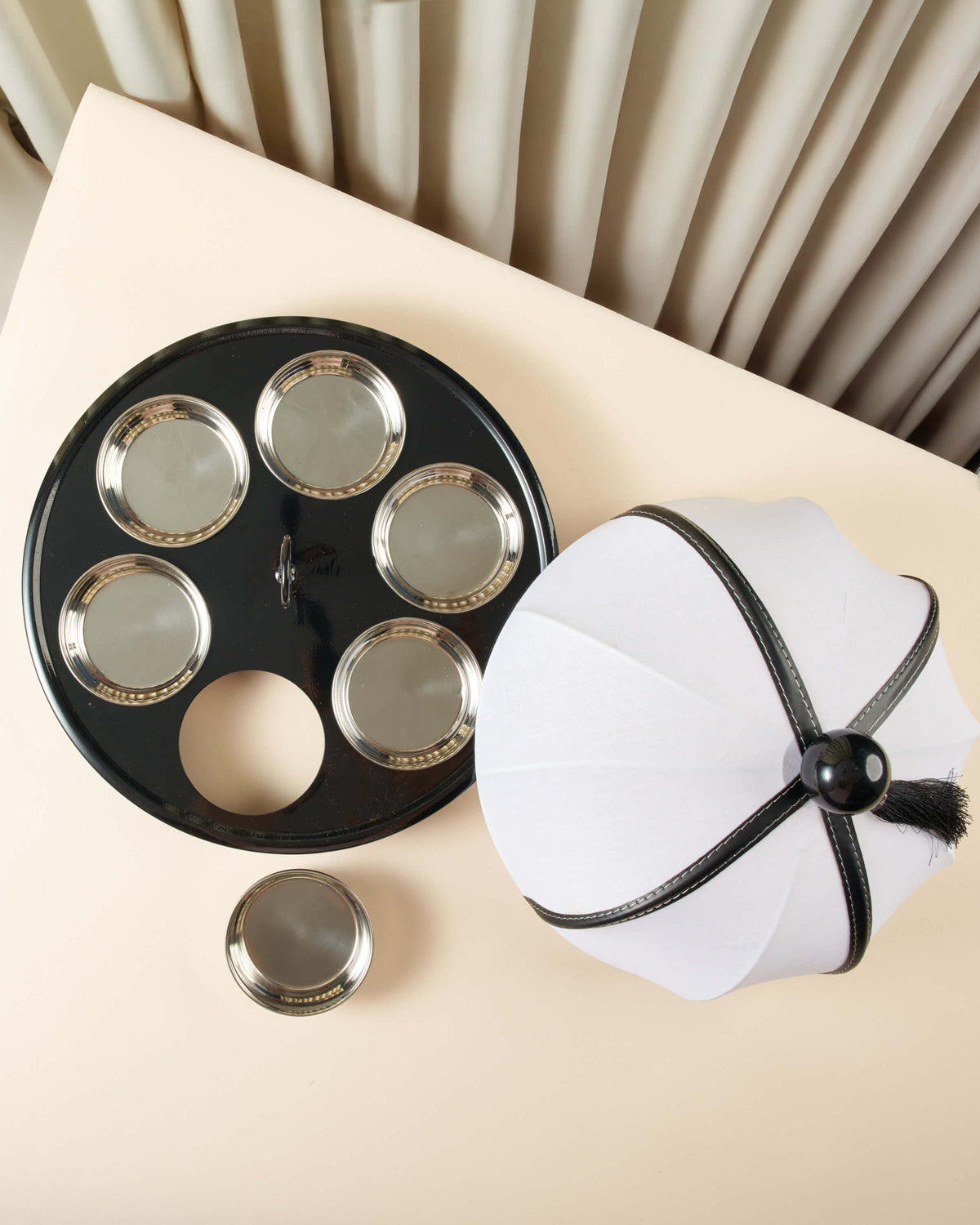Sheikha Hand-Painted Metal Breakfast Server with Mesh Lid — Dark Tones