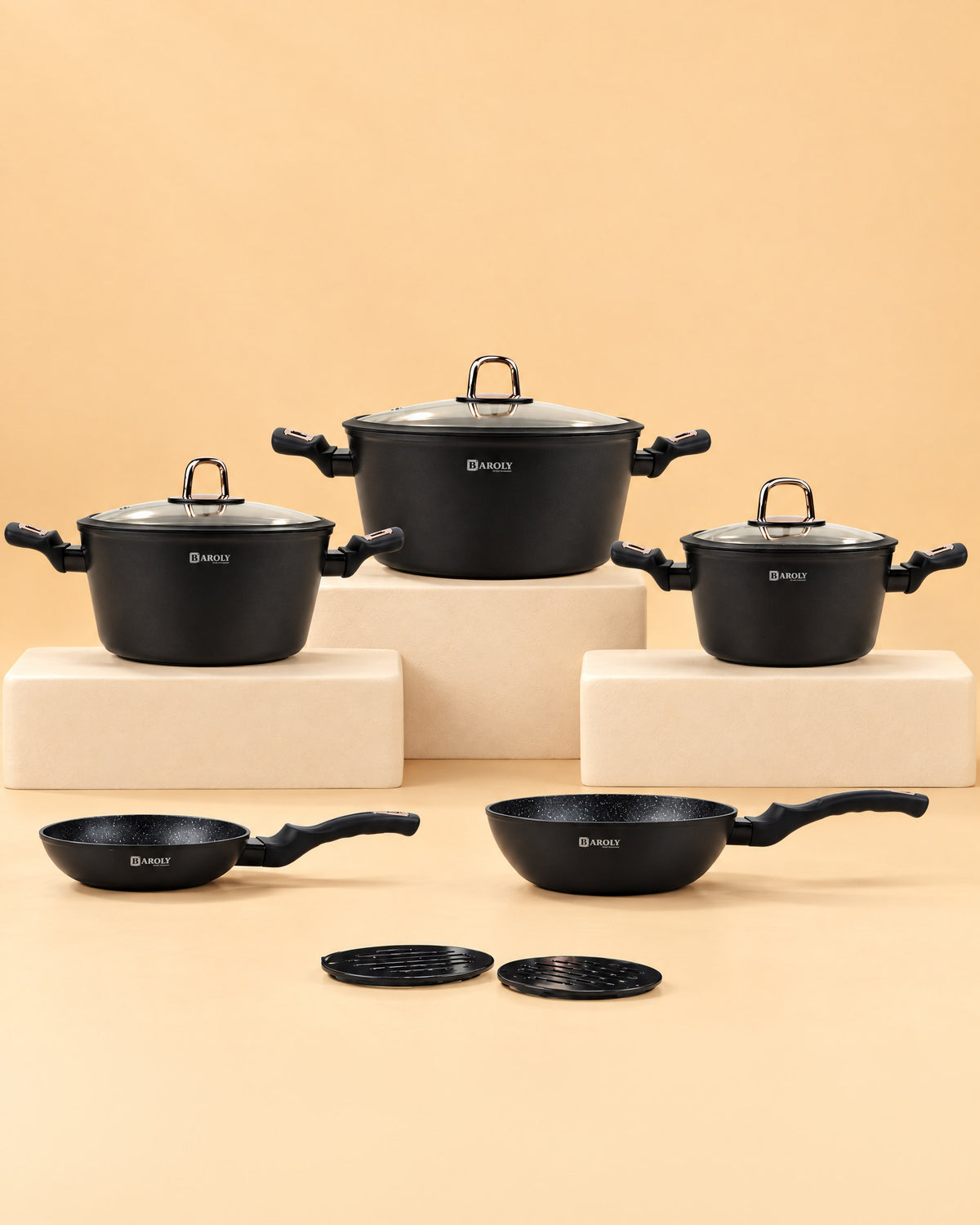 Elaf Granite Cookware Set — Black with Rose Gold Handles