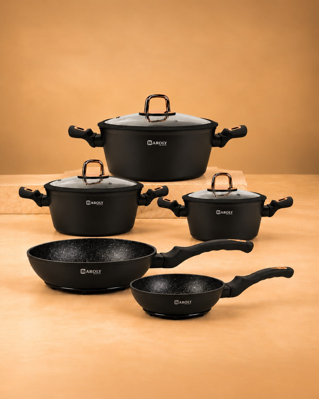 Elaf Granite Cookware Set — Black with Rose Gold Handles