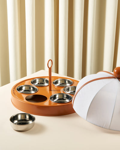 Sheikha Hand-Painted Metal Breakfast Server with Mesh Lid — Dark Tones